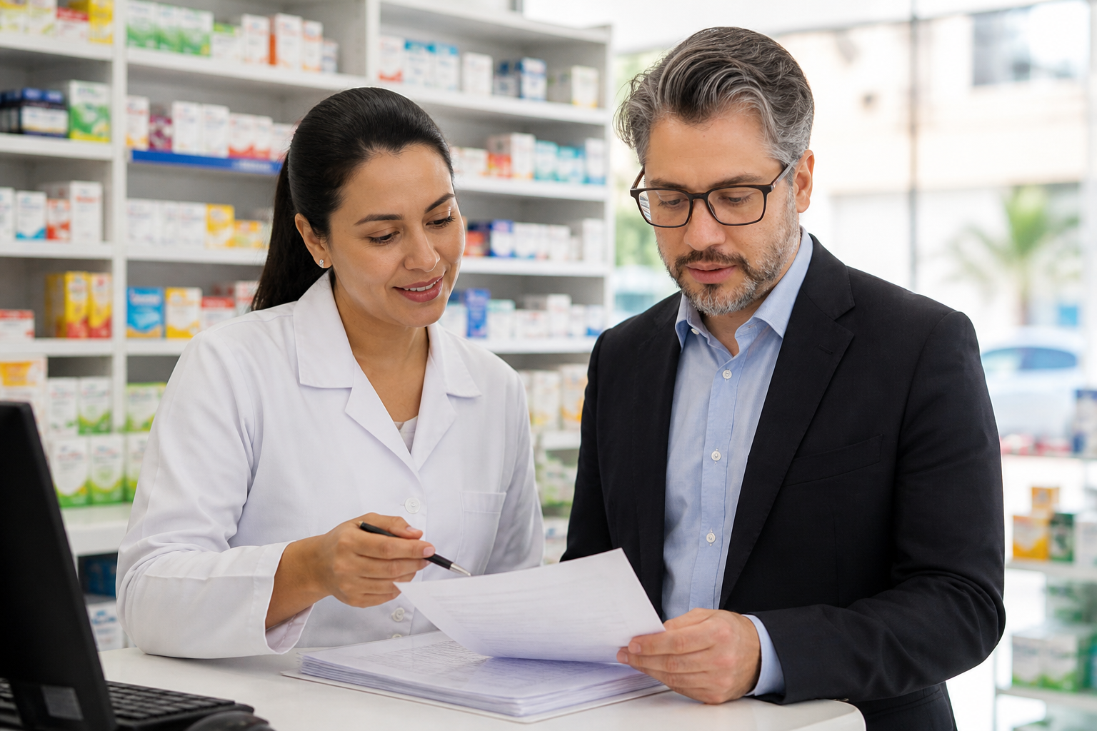 Farmacêutica e consultor analisando documentos em uma farmácia